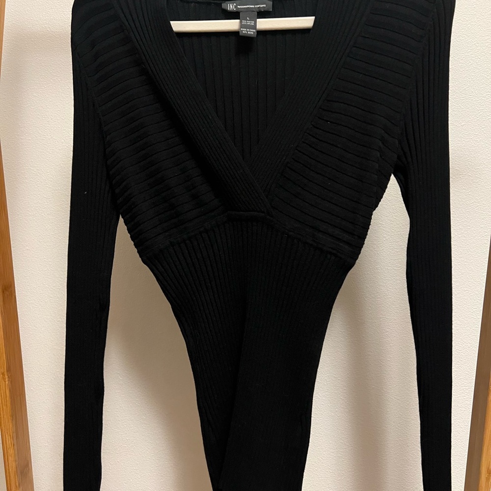 INC International Concepts Black Ribbed V-Neck Blouse